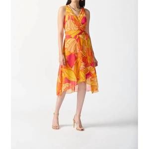 NEW JOSEPH RIBKOFF tropical print faux wrap print midi dress in pink/multi